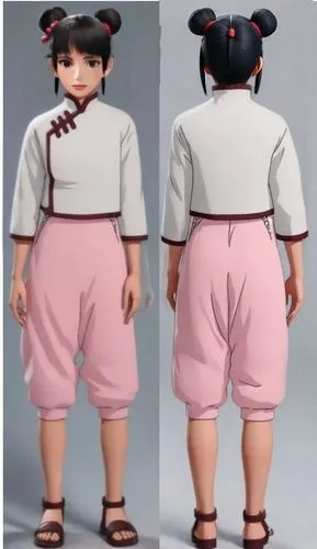 PLACE THE SOFT PINK PANTS AND WHITE SHIRT IN THE FRONT VIEW AND BACK VIEW WITH THE MAXIMUM PERFECTION POSSIBLE. SAVE THE COKES ON THE SIDES. ON YOUR FEET, PUT ON THE FLAT SANDALS.,Ten Ten, Naruto,nana