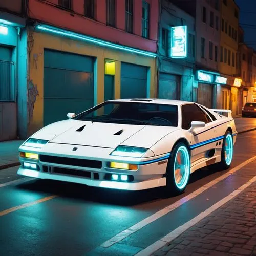 A sports vehicle from the 1990s for an urban context, with details with a stripe and white in the center of the vehicle, neon headlights and recessed.,a white sports car in front of a building with a 