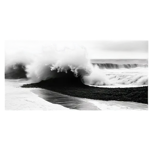 black and white ocean, wave crashing, foam splashing, seaweed swaying, sandy beach, misty atmosphere, panoramic view, high angle shot, dramatic lighting, cinematic composition, HDR, monochrome color t