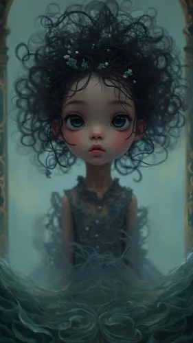 An enigmatic, detailed digital illustration of a woman's captivating presence and the mysterious depth beyond her eyes. Her stunning curls, cascading gold earrings, and long dark hair create a captiva