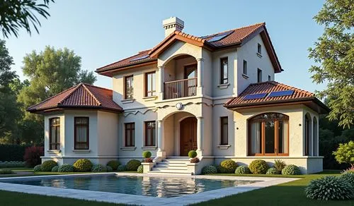 Imagen de una casa con paneles solares. la casa es estilo  barroco, con paneles solares y balcones de hierro forjado
 de acuerdo al  plano de una casa solar 

,this is an architectural rendering of a 