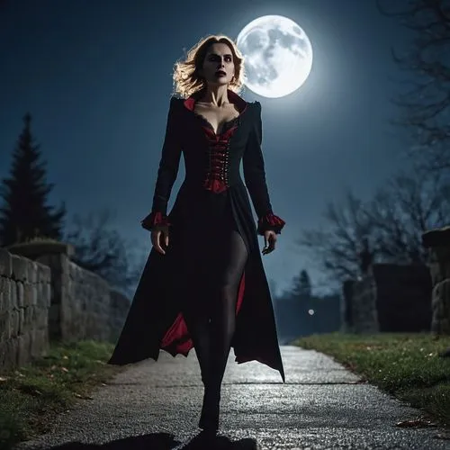 woman in black coat and high slit stockings walking on path,vampire woman,vampire lady,red coat,scarlet witch,bewitching,red riding hood,moonlighters,witching,redcoat,lady of the night,covens,dark ang