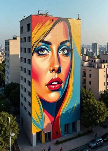 a big colorful face on the side of a large building,mural,colorful facade,astrakhan,muralist,graffiti art,urban art,painted block wall,painted wall,graffiti,public art,wall paint,metropolis,street art