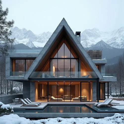 A hyper-realistic, high-resolution architectural photograph of a luxurious, alpine-style modern villa nestled in a mountainous landscape. The home features a prominent A-frame roof and is constructed