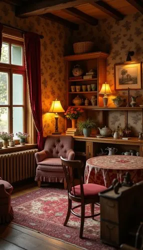 A warm and nostalgic indoor atmosphere with earthy tones and vintage patterns. The walls are adorned with intricate wallpaper, while wooden furnishings with a natural finish enhance the rustic charm. 