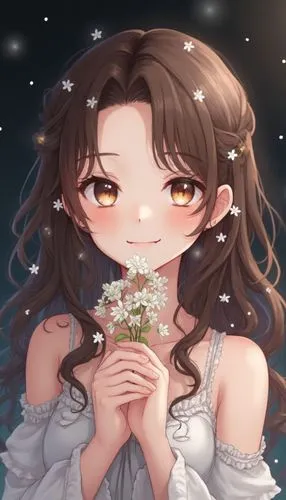 Image is a portrait photograph featuring a young woman with fair skin and long, wavy brown hair. Her facial features are delicate, with a soft expression and subtle makeup highlighting her eyes and li