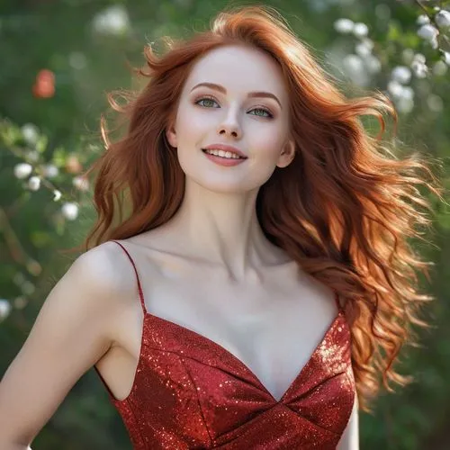 beautiful woman, oval face, pale skin, high cheek bones, sparkling hazel-green eyes, slender, fuller figure, slight smile, long brunette with red highlights auburn hair ,red gown,redhair,red-haired,re