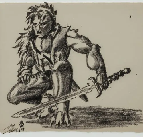 Rough, heavily pressed, bold black ballpoint pen sketch with thick, intense lines and strong strokes. Clean background.,a pencil drawing of a devil with an axe,satyr,male poses for drawing,hobgoblin,a