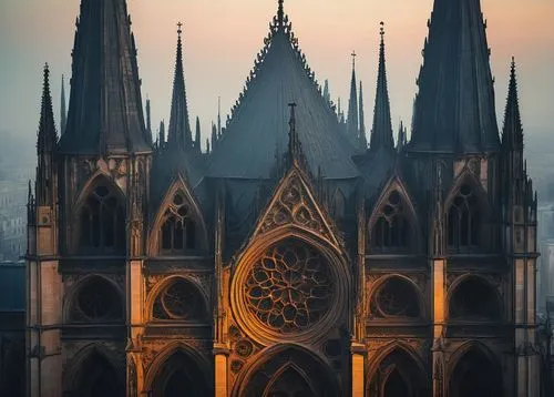 Gothic gargoyles, grand cathedral, ornate stone carvings, intricate facades, pointed arches, ribbed vaults, flying buttresses, stained glass windows, mystical atmosphere, eerie shadows, misty morning,