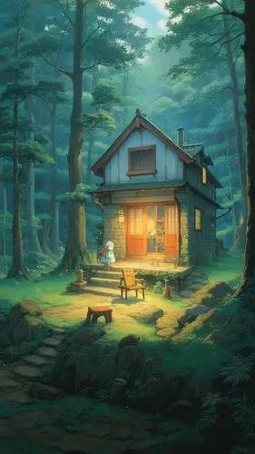 a painting depicting a cabin in the forest with two people,house in the forest,small cabin,summer cottage,cottage,the cabin in the mountains,lonely house,cabin,forest house,little house,log cabin,smal