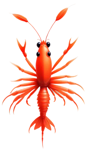 Animated crawfish, bright red eyes, shiny shell, claws snapping, legs wiggling, whisker-like antennae, transparent fins, swimming pose, underwater scene, soft focus, warm lighting, vibrant orange-red 