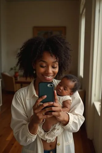 shot on iPhone 14 Pro Max, black woman holding her newborn while taking a selfie, seeing it through the phone cameras perspective, top down view, ultra realistic, photography, 8k, no dead space, vibra