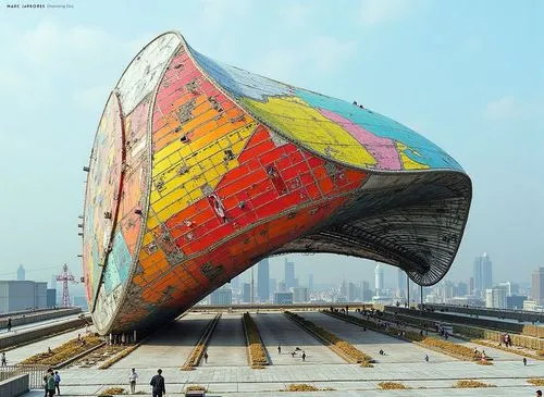 the artistic building is large, with many windows,futuristic art museum,futuristic architecture,public art,cube stilt houses,steel sculpture,alien ship,roof domes,metal cladding,shipyards,honeycomb st