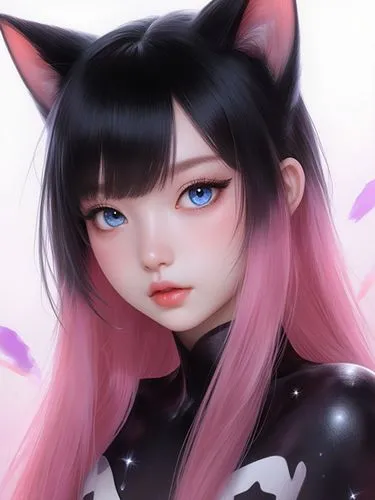 Very cute female half human cat woman, black and pink hair , blue eyes, beautiful background. Pouty


,a girl with black catsuit and pink hair with blue eyes,kittenish,cat ears,cat eye,fantasy portrai