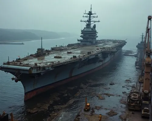 一艘正在充滿油汙,雜亂的軍港等待拆卸的航空母艦,碼頭有焊接工人在焊接,an image of a large military ship in the water,kuznetsov,aircraft carrier,uss carl vinson,uss kitty hawk,cvn,liaoning