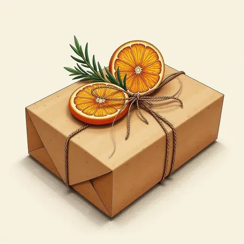A rustic, eco-friendly gift wrapping exudes a warm, natural charm. Dried orange slices adorned with twine and sprigs of rosemary are artfully arranged atop the plain brown kraft paper, creating a beau