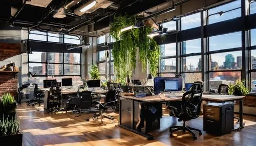 Modern architectural design studio, LLC, Oregon, spacious interior, minimalist decor, wooden floors, large windows, natural light pouring in, urban landscape view, Portland cityscape, skyscrapers, ind