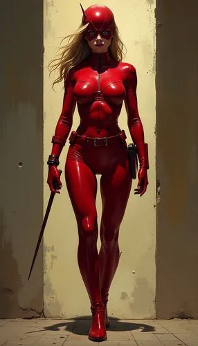 Super realistic high definition female version of Marvel's Daredevil character,this is a female red devil with a sword,red super hero,daredevil,elektra,bedevil,red,red paint