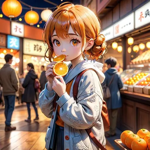 japanese style, manga, realistic,girl,eating orange,a cartoon of a girl holding oranges in front of her face,hokkaido pumpkin,honoka,dorayaki,mirai,satsuma,chiyo,Anime,Anime,Cartoon