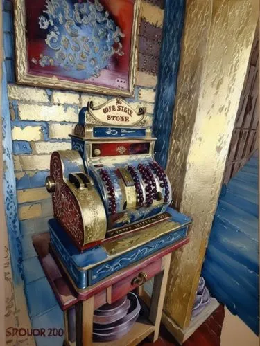 Кассовый аппарат,a painting of a cash register on a table,barrel organ,the gramophone,sewing machine,the phonograph,cash register,treadle