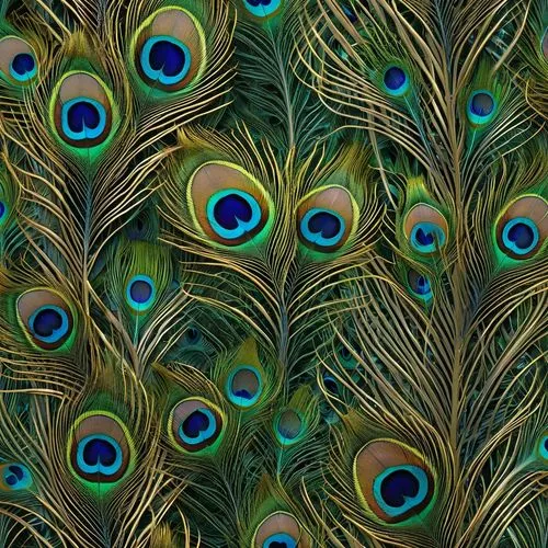 "Create a glass panel texture inspired by the vibrant colors and intricate patterns of peacock feathers. The design should feature iridescent hues of blue, green, and gold, with soft gradients and shi