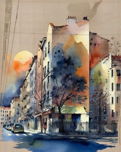 Город на закате, тени, акварель,painting of a city street with buildings and cars,watercolor,watercolor painting,watercolor shops,watercolor cafe,water color,watercolor paint strokes