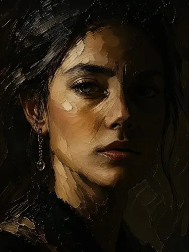 Prompt: "Impasto oil painting, moody chiaroscuro portrait. A woman's face partially illuminated by a strong side light, casting deep shadows on one side. The light side is rendered with thick, raised 