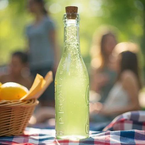 A classic corked bottle filled with sparkling lemonade, placed on a checkered picnic blanket in a sunlit park. The bottle has a clear glass body, with tiny bubbles visible through the liquid, and a si