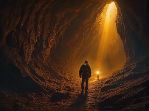  Zdzisław Beksiński man with a flashlight exploring the void of cave
,lava tube,caving,cave tour,hollow way,descent,cave,inner light,ice cave,lava cave,exploration,guiding light,pit cave,world digital