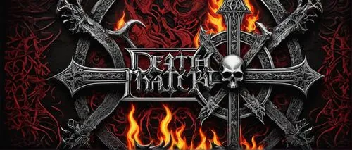 Death metal logo, symmetrical composition, bold font, gothic lettering, intricate details, skulls, bones, inverted crosses, snakes, demons, hellish creatures, fiery flames, dark red and black color sc