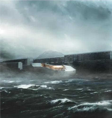 modern building by the sea, heavy rain, sea,this is a rendering of some kind of structure over some water,sea storm,willink,storm surge,seawalls,sturm,outfall,floodwalls,superstorm,storfer,stormbringe