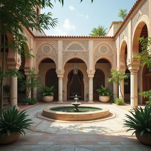 Design a Moroccan-inspired villa with intricate mashrabiya screens, a central courtyard, and traditional zellige tiles,a courtyard with a fountain surrounded by potted plants,courtyards,riad,inside co