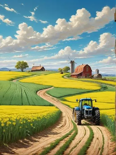 Agricultural scenery, sunny day, vast fertile land, green wheat fields, yellow canola flowers, tractors, farming tools, wooden fences, rural atmosphere, few white clouds, blue sky, distant farmhouse, 