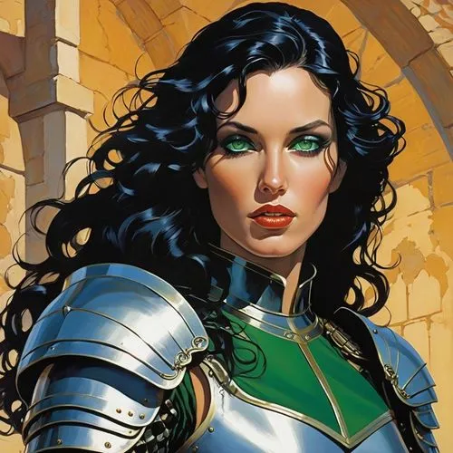 make a beautiful woman with green eyes, black long wavy hair, make her dressing a medieval  lether armor,heroic fantasy,fantasy woman,the enchantress,celtic queen,fantasy portrait,artemisia,female war