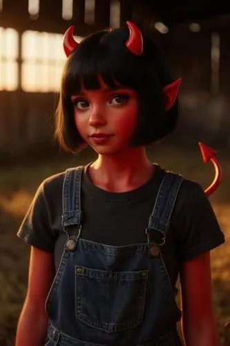 the girl is wearing horns and black hair,bedevil,paprika,bonnie,devilish,devilishly,cinnamon girl,fire devil,female doll,deviltry,red eyes,imp,ladybug,farm girl,pigtail,pigtails,the little girl,fire r