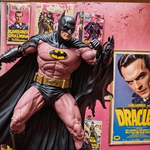 batman action figure displayed next to other batman movie memorabilia,batman,collectible action figures,model kit,batmen,bat,cowl vulture,comic books,batterers,bats,vintage toys,comic characters,comic