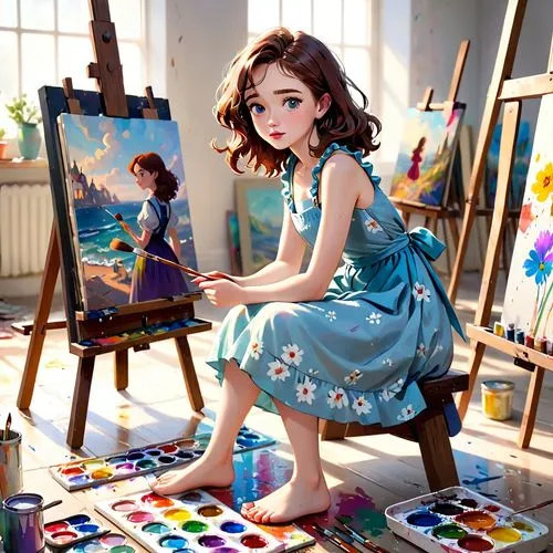 Attractive female artist, expressive eyes, wavy brown hair, freckles, red lipstick, floral summer dress, barefoot, holding a paintbrush, canvases, variety of paints, colorful palette, thoughtful expre