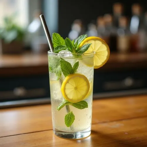 water with lemon and mint in glass on woodencountertop,silver straw,a s glass filled with a drink topped with lemons and mint,pineapple cocktail,melon cocktail,mint julep,lemon mint,coconut cocktail,s