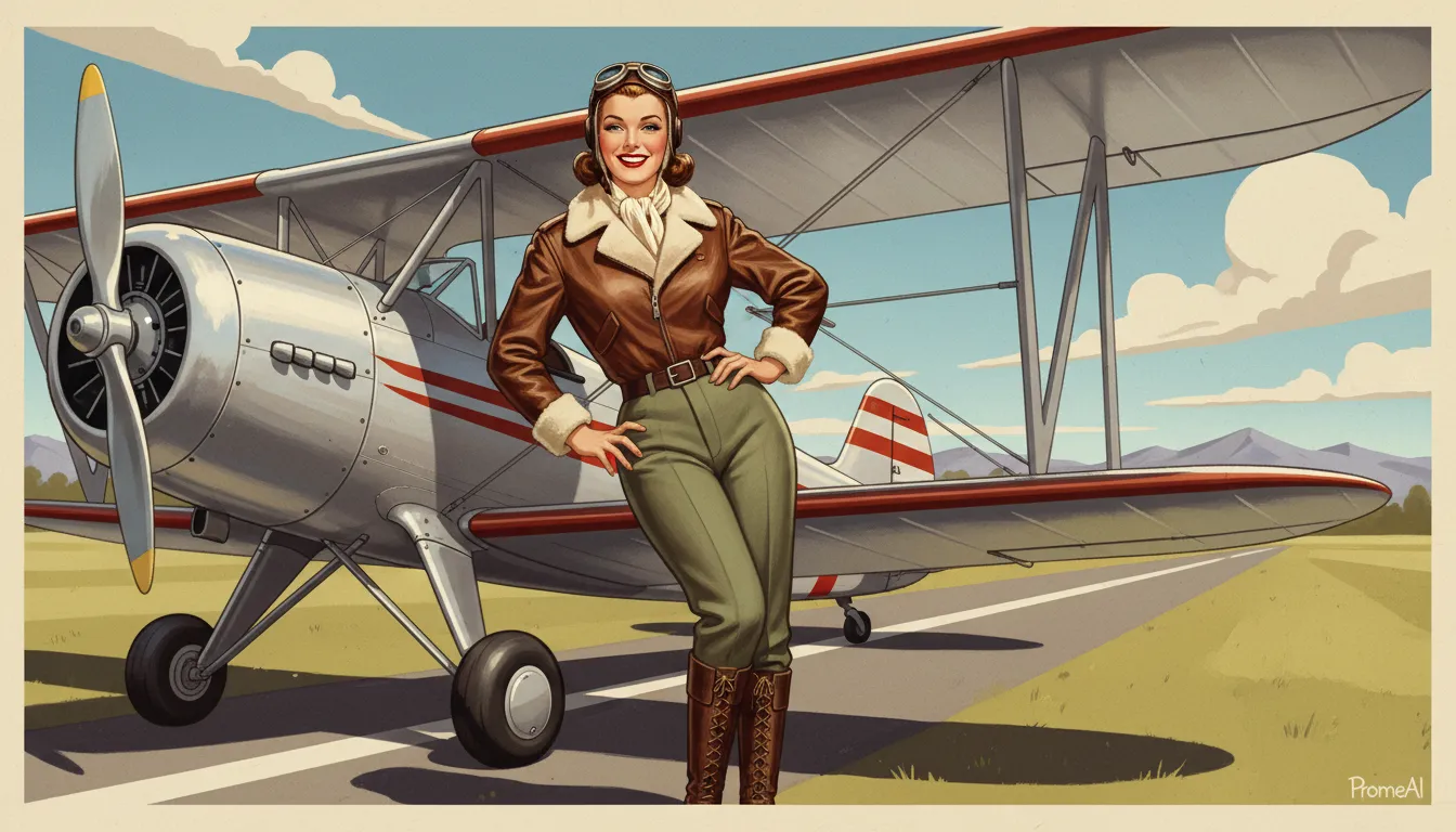 Un'opera di Pin-up Art generata dall'IA che mostra una donna sorridente in un'uniforme da pilota vintage, creata con lo stile classico di PromeAI.