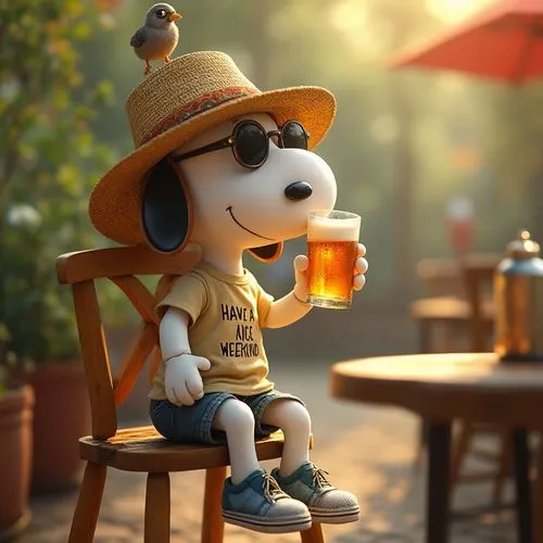 Ein Bild von Snoopy , der in einem Biergarten auf einem Stuhl sitzt, und Bier trinkt. Er trägt ein T-shirt mit der Aufschrift "Schönes Wochenende", Sneakers, einen Strohhut, shorts, und eine Sonnenbri