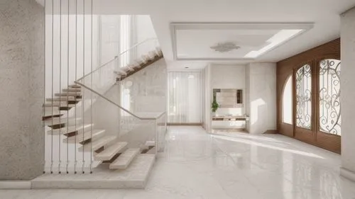 make more realistic modern rustic home entrance. add lighting, show textures with colors. beige italian painted walls. marble ceramic floor. wood stairs. use daytime,hallway space,3d rendering,outside