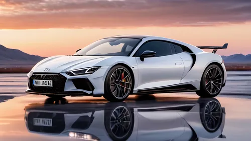 change to white color，Spacious background, clean gradient sky, artistic scene, clean ground,  car body reflection, 