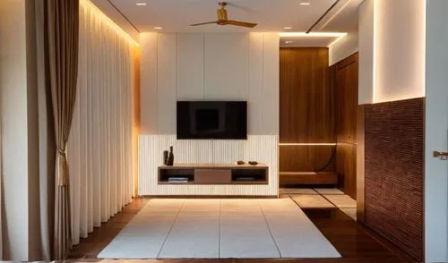 interior room render, tv unit and dresser  is in louvers, use light colors, add realistic  materials according to the reference, add lighting
,a modern living room has an asian design,contemporary dec
