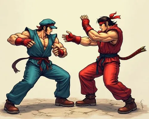 Street Fighter II characters, Mortal Kombat, Tekken, Fighting game, Martial arts poses, two characters fighting, heath bars, One v one fight, Ken, Ryu, Guile, Sagat, Vega, Chun Li, Sonya Blade, Lui Ka