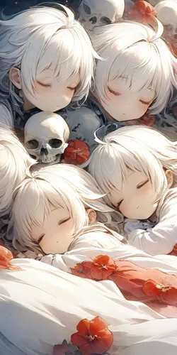 many white haired dolls laying in water,cygnets,neidan,sleepy sheep,sleeping rose,sleeping apple,the sleeping rose,white water lilies,sea of flowers,cocoons,blanket of flowers,weiss,napping,ayanami,sl