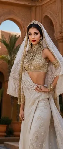 a woman in a bridal gown is standing in front of an arch,sarees,bridal dress,wedding saree,begum,bridal gown,golden weddings,bridal jewelry,ethnic design,bridal,maharani,rani,the bride,white silk,brid