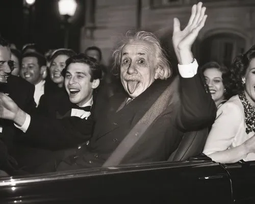 A black-and-white scene capturing the lively atmosphere around the iconic moment of the man playfully sticking out his tongue. He is seated in the back of a car, surrounded by a group of smiling frien