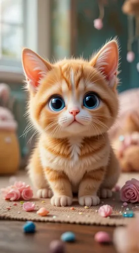 a cat that has blue eyes is sitting on the floor,ginger kitten,cute cat,cute cartoon character,doll cat,ginger cat,kitten