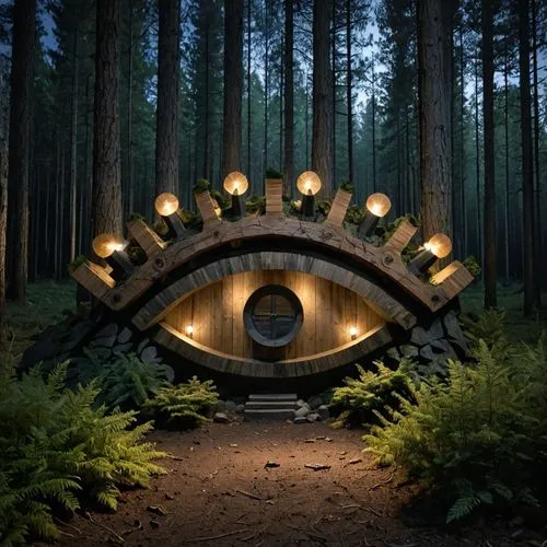 the outside entrance to a hobbo movie is lit up at night,toroid,forest chapel,wood doghouse,round hut,lair,house in the forest,fairy house,alien ship,rattletrap,forest house,render,furnace,bunker,roun