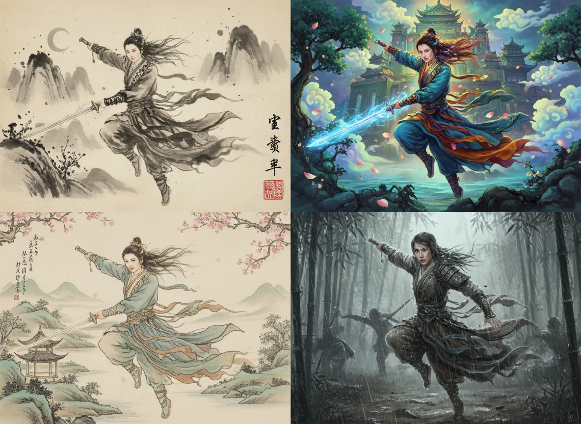 Una griglia di quattro immagini che mostrano lo stesso personaggio in stile Wuxia reso con estetiche diverse, tra cui pittura a inchiostro e vibrante xianxia.